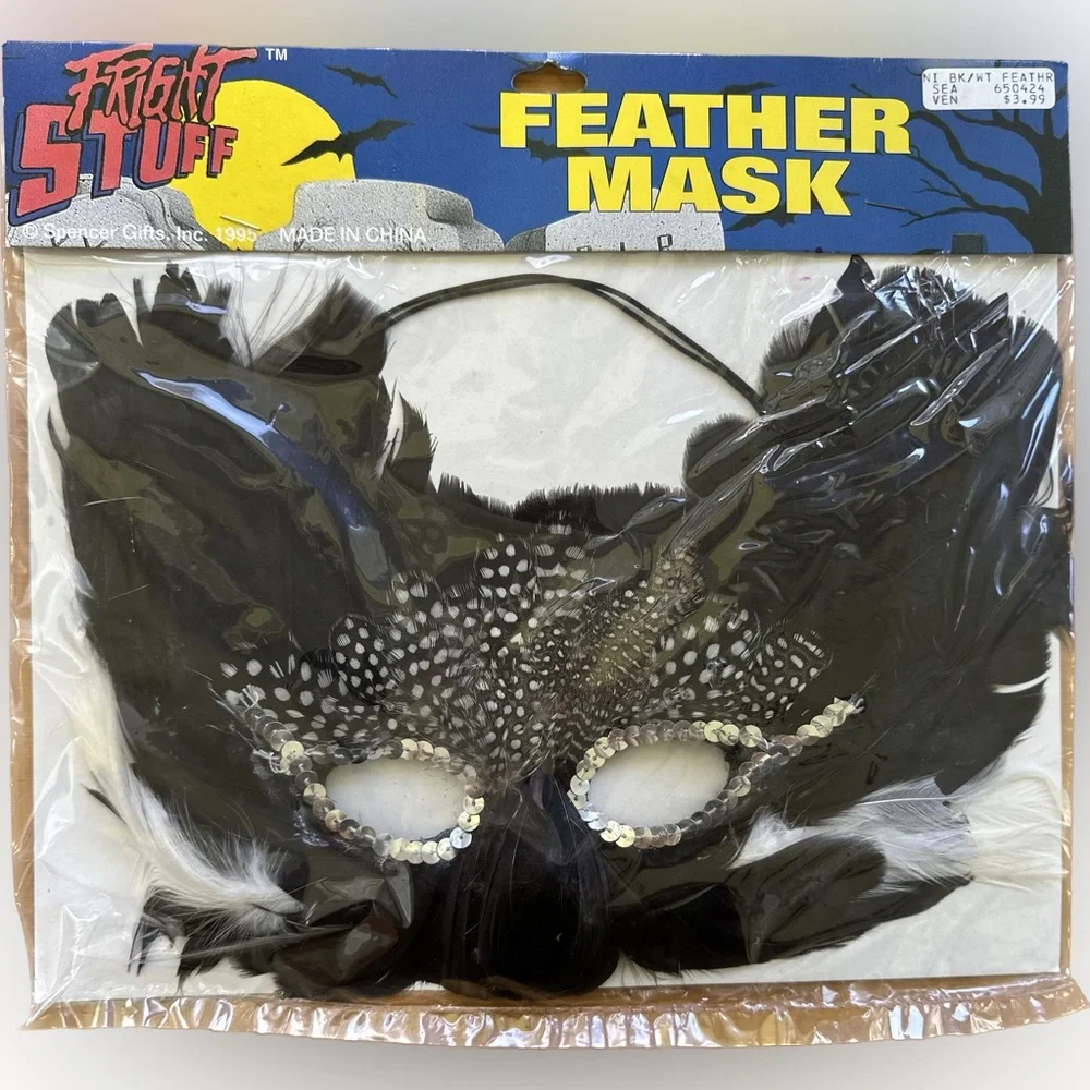 New Vintage 1995 Black Feather Silver Sequin Costume Masquerade Mask